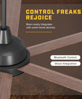 84 Inch Large Room Indoor Ceiling Fan With Sculpted Walnut Blades And Oil Rubbed Bronze Trim showcasing sleek design and Bluetooth control.