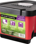 1 Quart Paint Thumb Pail With Secure Snap On Lid And Dope Thumb Hole Grip, Handheld Paint Cup designed for cutting edges with red and black colors.