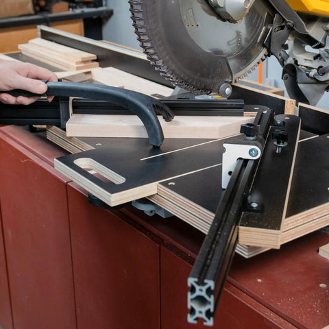 Professional Grade Miter Saw Jig delivering dead nuts accurate cuts without any sweat, featuring a solid angle guide in use.