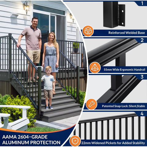 Built Tough Aluminum Deck Railing Kit 2 Pack 36 Inch High By 6 Feet Wide Modular Side Mount Post with family on steps