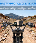 Beast Of A Fat Tire Electric Dirt Bike For Adults With 16 Inch Wheels 500W Brushless Motor 20 MPH Top Speed 70 Mile Range Removable 48V 13 5Ah Battery Full Suspension 7 Speed Gears Off Road Ebike For Trails And Commutes handlebar display on rocky trail