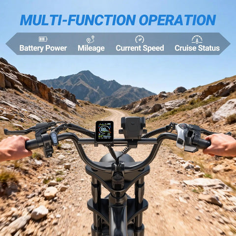 Beast Of A Fat Tire Electric Dirt Bike For Adults With 16 Inch Wheels 500W Brushless Motor 20 MPH Top Speed 70 Mile Range Removable 48V 13 5Ah Battery Full Suspension 7 Speed Gears Off Road Ebike For Trails And Commutes handlebar display on rocky trail
