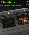 43 Gallon Dual Chamber Tumbler Compost Bin For Outdoor Gardens, showing two chambers with compost inside, black, durable
