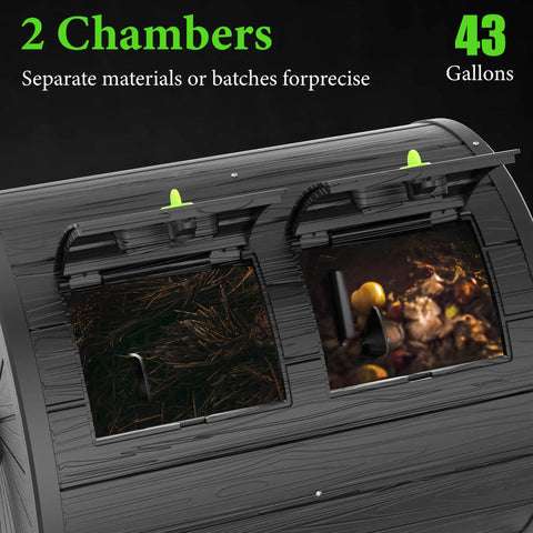 43 Gallon Dual Chamber Tumbler Compost Bin For Outdoor Gardens, showing two chambers with compost inside, black, durable