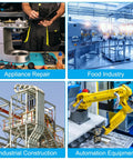 Collage of industrial scenes: appliance repair workshop, food industry facility, industrial construction site, and automation equipment.
