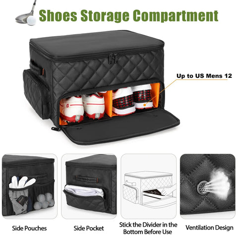 Two Layer Golf Trunk Organizer For Cars with shoes, ventilated compartment for two pairs, side pockets, and quilted design