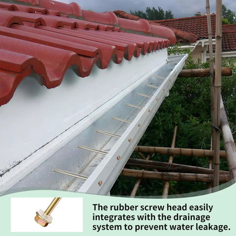 All In One 30 Pack 304 Stainless Steel Gutter Fasteners With 7 Inch Screws installed on a red roof for drainage repair