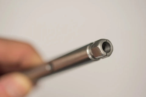 Close-up of the end of a Heavy Duty 9 Inch Collet Extension For Die Grinders showing its gripping mechanism.