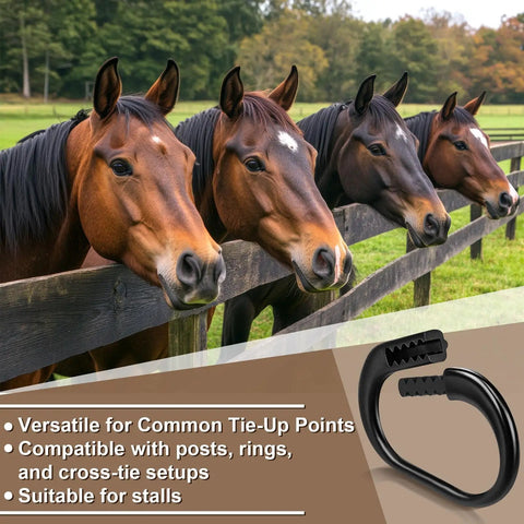 Protective Horse Blocker Tie Kit, 4 Pcs Multi Purpose Horse Clip Set near horses and tie-up points illustration.