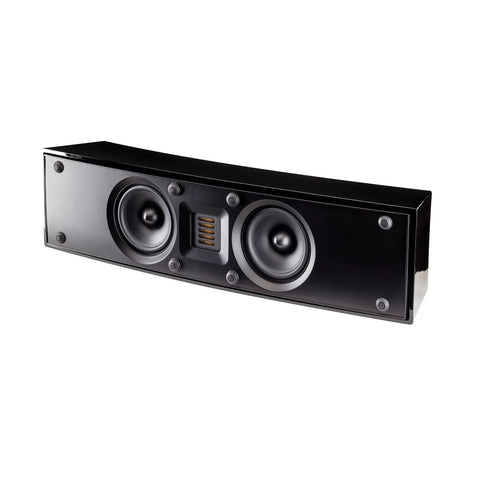 Center Channel Speaker With Folded Motion Tweeter For Lightning Fast Response And Ultra Low Distortion Single glossy piano black unit, front view.