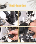 On The Go 33 Piece Bike Repair Kit with mini pump and 16 in 1 multitool in action on a bicycle brake and wheel