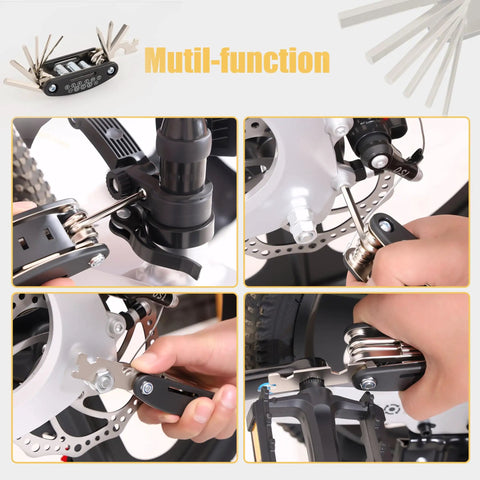 On The Go 33 Piece Bike Repair Kit with mini pump and 16 in 1 multitool in action on a bicycle brake and wheel
