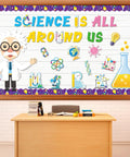 Science Bulletin Board Set For Classrooms with themed cutouts, large scientist, letter cutouts, borders, and adhesive dots.
