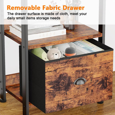 Close-up of 5 Tier Bookshelf With Drawer Space Saving Tall Narrow Wood And Metal Storage Organizer Industrial Display Shelf Unit showing fabric drawer and items.