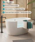 Durable 47 Inch Acrylic Freestanding Bathtub In Gloss White featuring a sleek oval shape with visible thermal construction details.