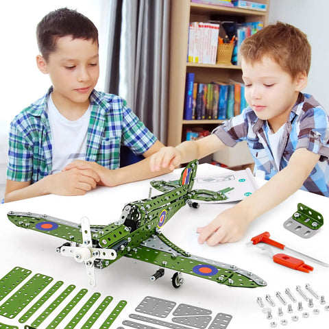 Metal 1 To 32 Scale Fighter Airplane Kit With 331 Parts 13 Inch Long DIY STEM Model For Kids Aged 8 To 12 in use by two boys