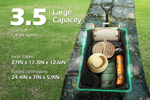 Top view of Grab And Go Foldable Camp Wagon With Wheels Heavy Duty Cart Holds 220 Lb And 100L Capacity loaded with beach accessories