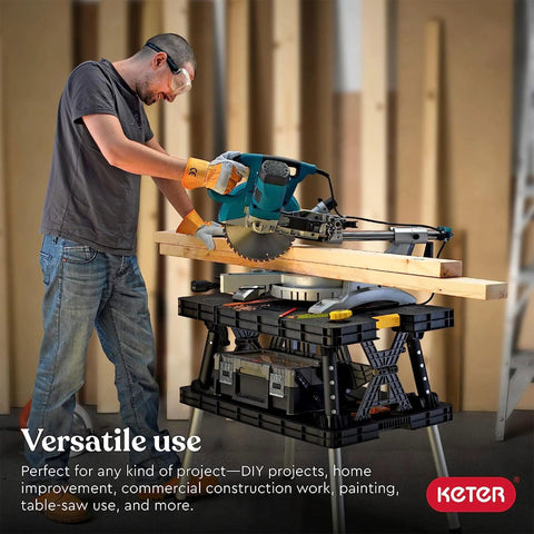 Man using Heavy Duty Folding Workbench With 1,000 Lb Capacity DIY Friendly Portable Shop Table for woodworking project