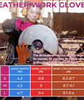 Rugged Cowhide Work Gloves For Men And Women All Purpose Leather Gloves shown with size chart and woman using angle grinder