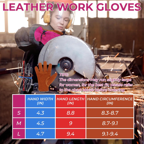 Rugged Cowhide Work Gloves For Men And Women All Purpose Leather Gloves shown with size chart and woman using angle grinder