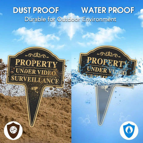 Heavy Duty Property Under Video Surveillance Sign For Outdoor Yard Warning 2 Pack 14 By 10 Inch showing dust proof and water proof features.