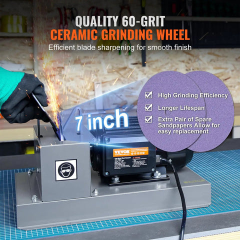 Heavy Duty Lawn Mower Blade Sharpener delivering serious kick with a gutsy 500 watt motor and seven inch grinding wheel.