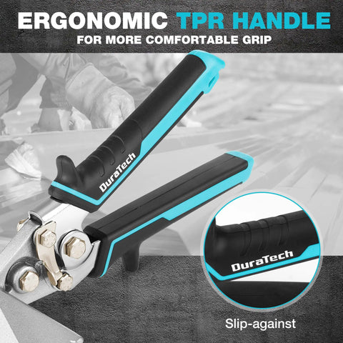 Close-up of 6 Inch Sheet Metal Bender With Ergonomic TPR Handle, Straight Jaw Hand Seaming Pliers for bending and flattening.