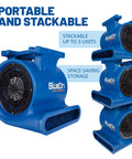 Stacked blue Beast Mode 1 HP Air Mover Blower Fan, 4050 CFM, The Workhorse For Water Damage Restoration And Carpet Drying units