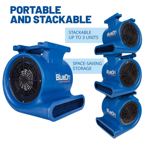 Stacked blue Beast Mode 1 HP Air Mover Blower Fan, 4050 CFM, The Workhorse For Water Damage Restoration And Carpet Drying units