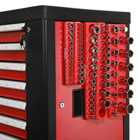 Six Piece Magnetic Socket Organizer Kit For 1/4 Inch, 3/8 Inch, And 1/2 Inch Drives, Red And Blue Socket Holder Holds Up To 143 SAE And Metric Sockets, Rubberized Magnetic Base Protects Surfaces, Pro Grade Durable PP Plastic