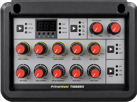 Control panel of 225 Amp AC DC TIG Stick Welder With Pulse Function And 200 Hertz Control, featuring adjustment knobs and digital display.