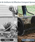 24 Inch Lawn Compost Spreader and Lawn Roller for No Fuss Topdressing showing before and after usage with metal mesh tool