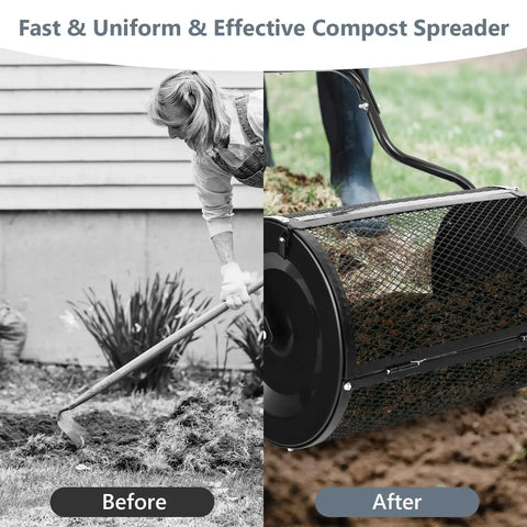 24 Inch Lawn Compost Spreader and Lawn Roller for No Fuss Topdressing showing before and after usage with metal mesh tool