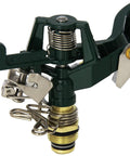 Top Shelf Three Pack Heavy Duty Zinc Impact Sprinkler Heads For Outdoor Yard Watering Featuring Smooth Adjustable Spray Arcs Up To Eighty Feet Wide, close-up of zinc sprinkler head.