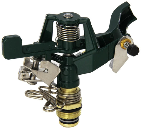 Top Shelf Three Pack Heavy Duty Zinc Impact Sprinkler Heads For Outdoor Yard Watering Featuring Smooth Adjustable Spray Arcs Up To Eighty Feet Wide, close-up of zinc sprinkler head.