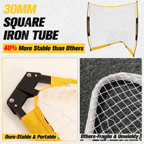 6x6x7 Ft Lacrosse Goal With Upgrade Square Steel Frame Base Foldable Portable Net Includes Carry Bag For Backyard Field Outdoor Training For Youth And Adults displaying stability and portability features