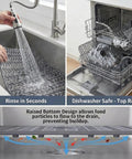 Silicone Sink Mat 26x14 With Center Drain, easy clean gray mat being rinsed in sink and fits in dishwasher top rack
