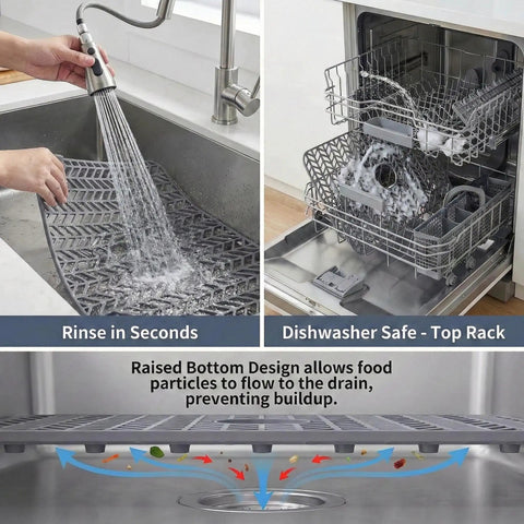 Silicone Sink Mat 26x14 With Center Drain, easy clean gray mat being rinsed in sink and fits in dishwasher top rack