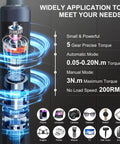 52-In-1 Mini Electric Screwdriver Kit With 48 Magnetic Bits showing torque specifications and applications for devices