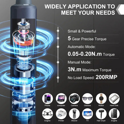 52-In-1 Mini Electric Screwdriver Kit With 48 Magnetic Bits showing torque specifications and applications for devices