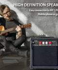 20W Electric Guitar Amplifier With Built In Speaker, Headphone Jack, Aux Input, next to a person playing acoustic guitar