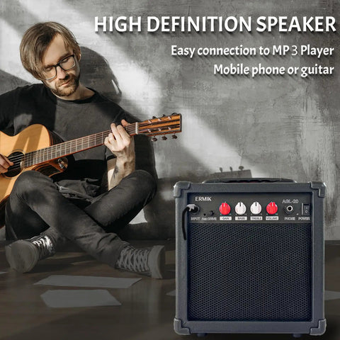 20W Electric Guitar Amplifier With Built In Speaker, Headphone Jack, Aux Input, next to a person playing acoustic guitar