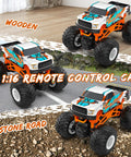 One Sixteen Scale RC Monster Truck For All Terrain 2.4GHz Dope Off Road Vehicle On Wooden And Stone Surfaces