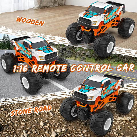 One Sixteen Scale RC Monster Truck For All Terrain 2.4GHz Dope Off Road Vehicle On Wooden And Stone Surfaces