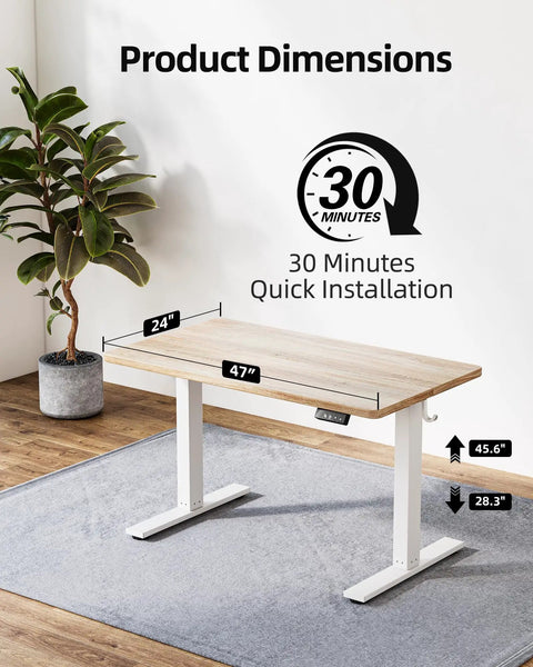 Height Adjustable Electric Standing Desk With 47.2 By 23.6 Inch Surface, Sit Stand Desk With White Frame And Maple Top