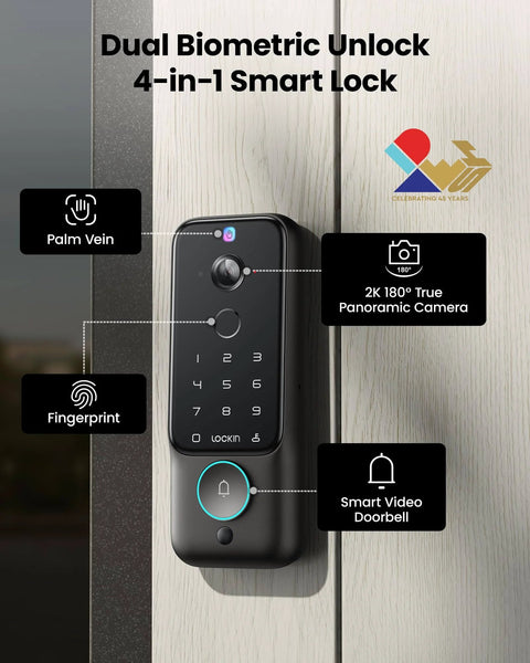Dual Swappable Battery Smart Lock With 6 Month Power, 2K 180 Degree Camera And Video Doorbell For Front Door installed