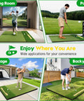 Durable 5x4ft Dual Turf Golf Hitting Mat with Ball Tray used indoors and outdoors for realistic practice.