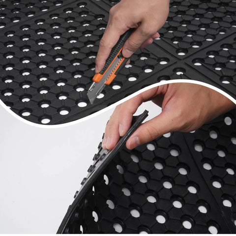 Close-up of Anti Fatigue Drainage Rubber Floor Mat Roll 83 by 36 Inch showing cutting and flexibility features for indoor wet areas.