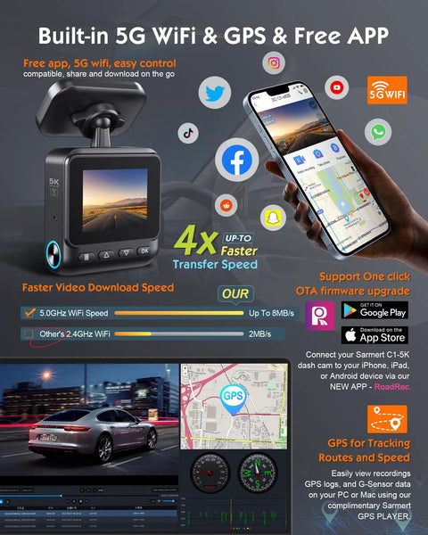 Image of 5K Front Dash Cam With GPS And 5G WiFi Sony STARVIS Sensor HDR Night Vision Crystal Clear 5120X2160P Video features display and app.