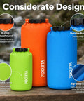 Ultralight Dry Bag Set With Roll Top Closure Waterproof Sacks For Hiking Camping Kayaking Showing 3Pack Sizes and Features